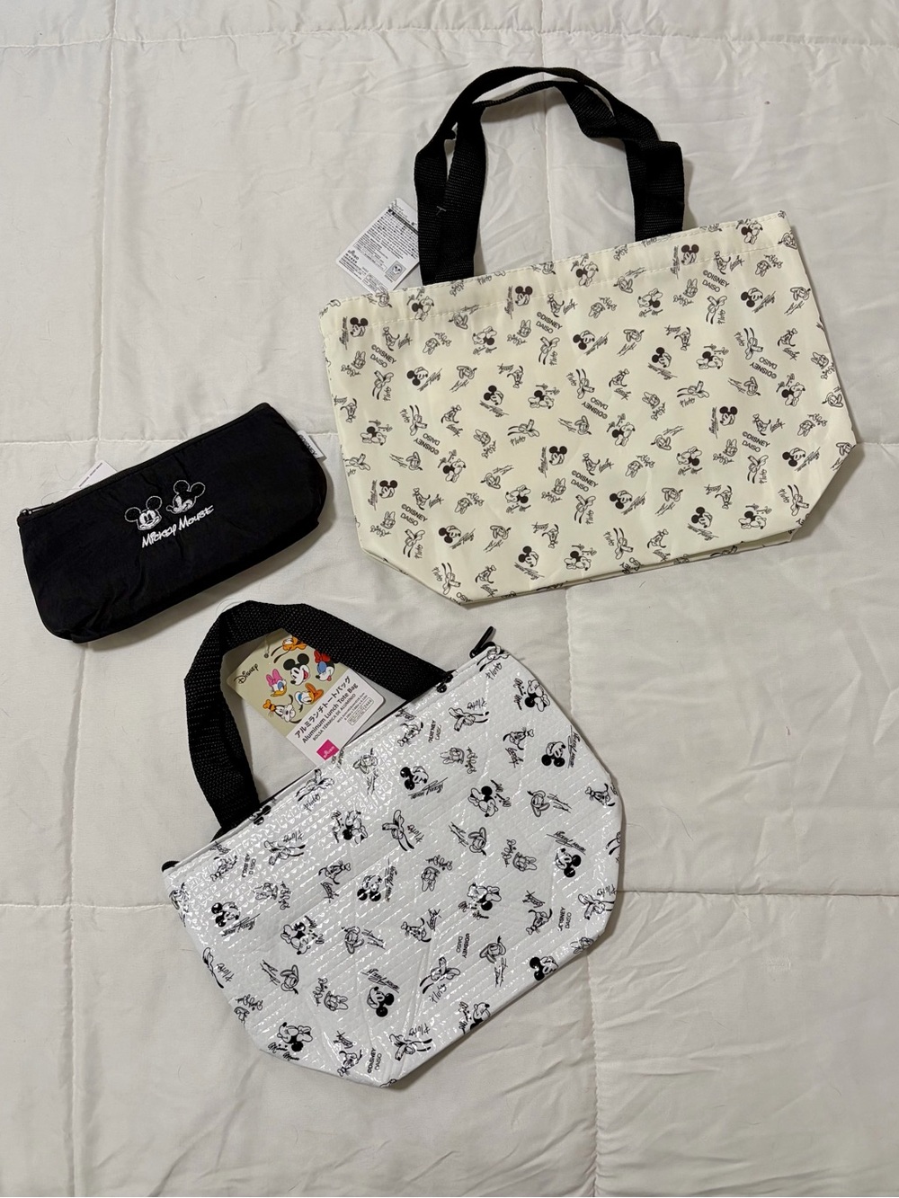 Mickey Mouse Pattern Tote Bag and Pouch Set - Black & Cream